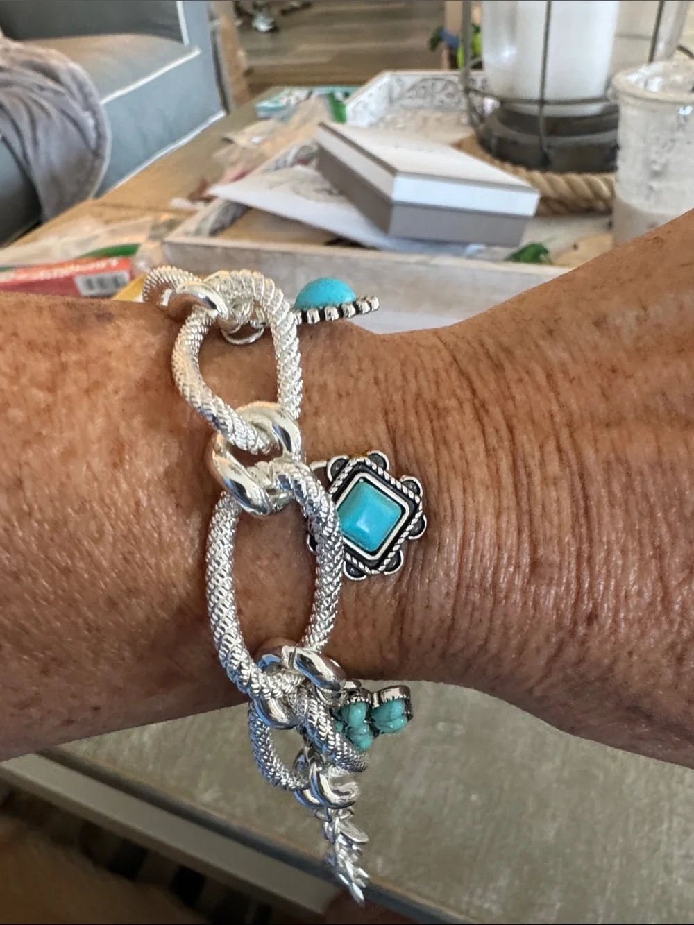 Silver Charm Bracelet with Turquoise Flower & Stone Charms